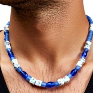 Men's Beaded Necklace, blue & white, 18 Inches Long NWT (MJW018)